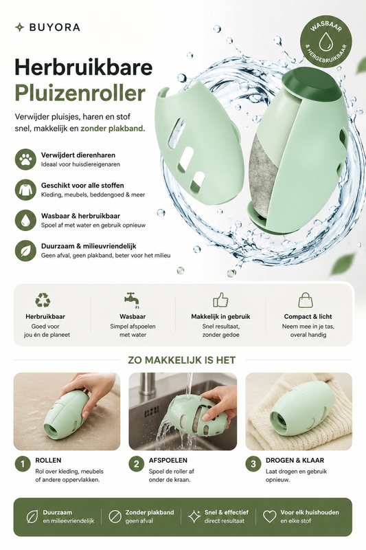 Herbruikbare Pluizenroller – Verwijdert Haren, Pluis & Stof