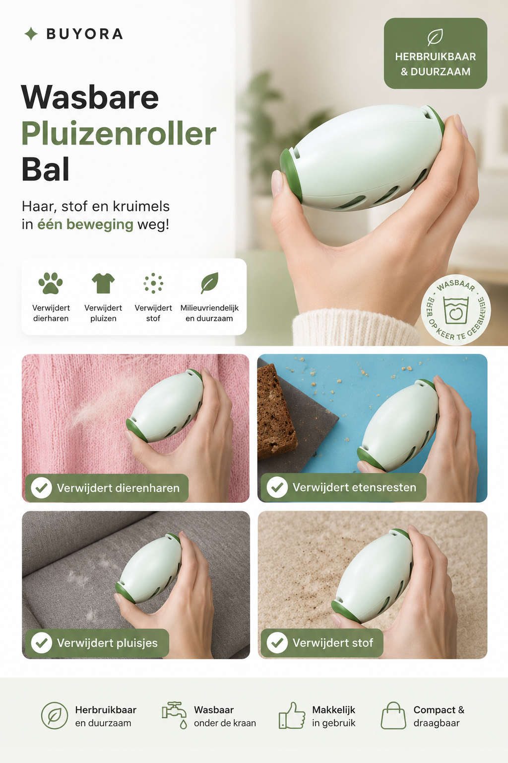 Herbruikbare Pluizenroller – Verwijdert Haren, Pluis & Stof
