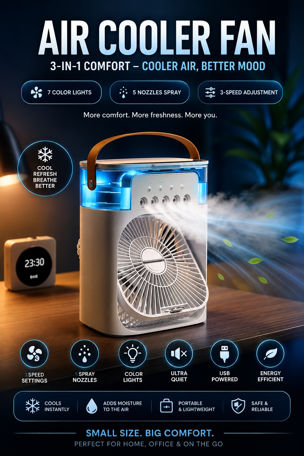 3-in-1 Mini Aircooler Pro – Ventilator, Luchtkoeler & Luchtbevochtiger