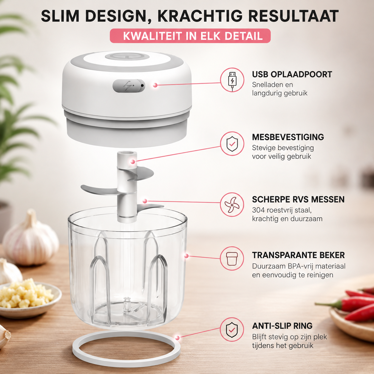 Elektrische Mini Hakmolen – Draadloos & Oplaadbaar