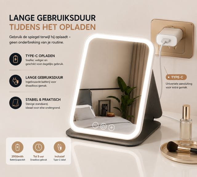 Opvouwbare LED Make-up Spiegel – Draadloos Oplaadbaar met 3 Lichtstanden & Touchbediening