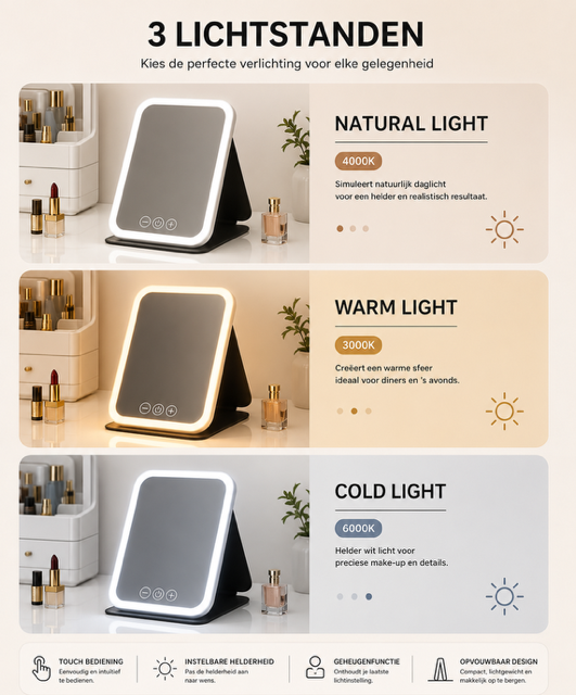Opvouwbare LED Make-up Spiegel – Draadloos Oplaadbaar met 3 Lichtstanden & Touchbediening