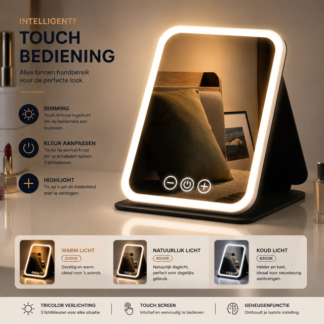 Opvouwbare LED Make-up Spiegel – Draadloos Oplaadbaar met 3 Lichtstanden & Touchbediening