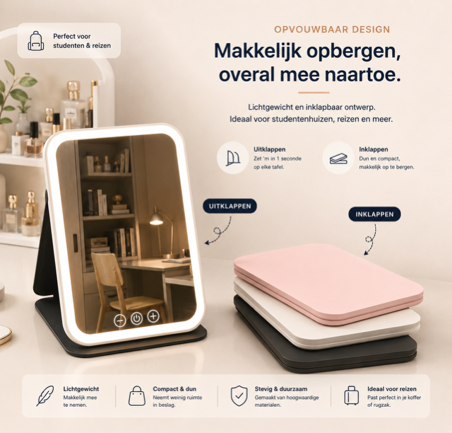 Opvouwbare LED Make-up Spiegel – Draadloos Oplaadbaar met 3 Lichtstanden & Touchbediening