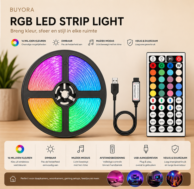 RGB LED Strip 5M | Sfeerverlichting voor kamer & TV